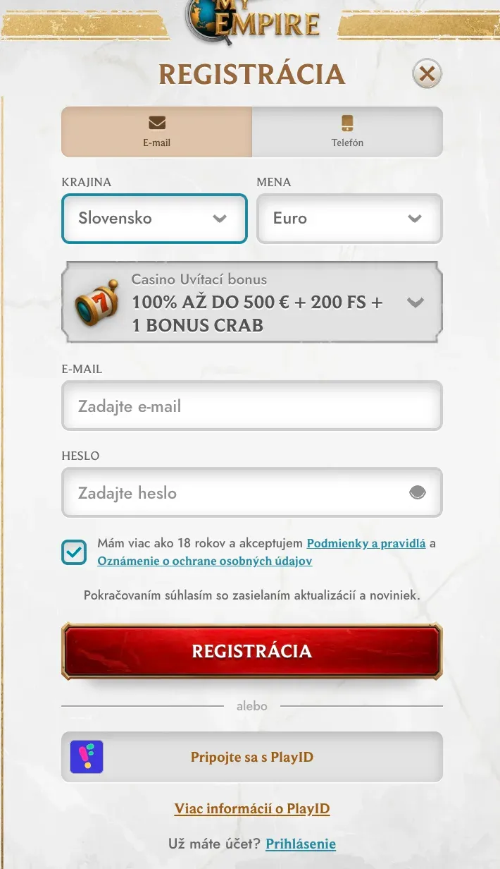 Registračný formulár v MyEmpire casino